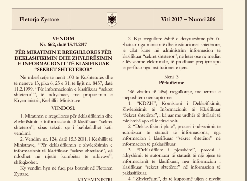 Rregullore e re për klasifikimin e informacionit “sekret shtetëror”