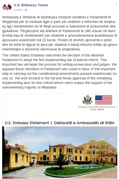 Ligji i Vettingut/Fletë Përgëzimi për koalicionin PS – LSI nga Ambasada e ShBA-së