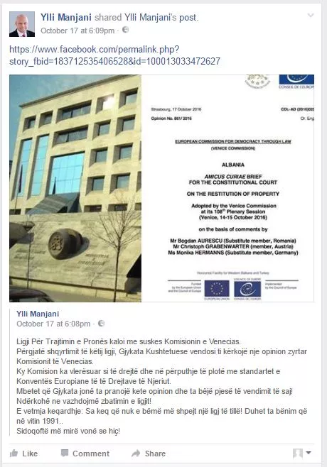 A ka dhënë vërtet "Ok" Komisioni i Venecias për ligjin e pronave?