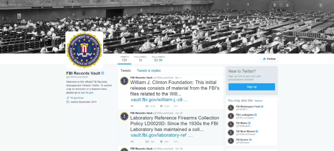 Pasive që nga shtatori 2015, llogaria në twitter e FBI-së nis publikimet kundër Clinton!!!
