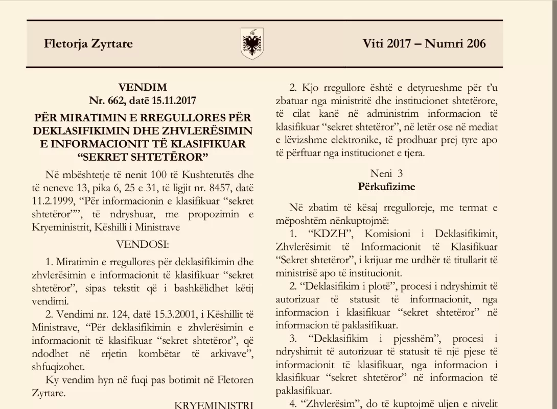 Rregullore e re për klasifikimin e informacionit “sekret shtetëror”