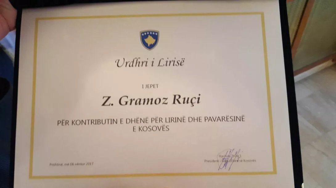 "Urdhëri i Lirisë" për Gramoz Ruçin në Kosovë